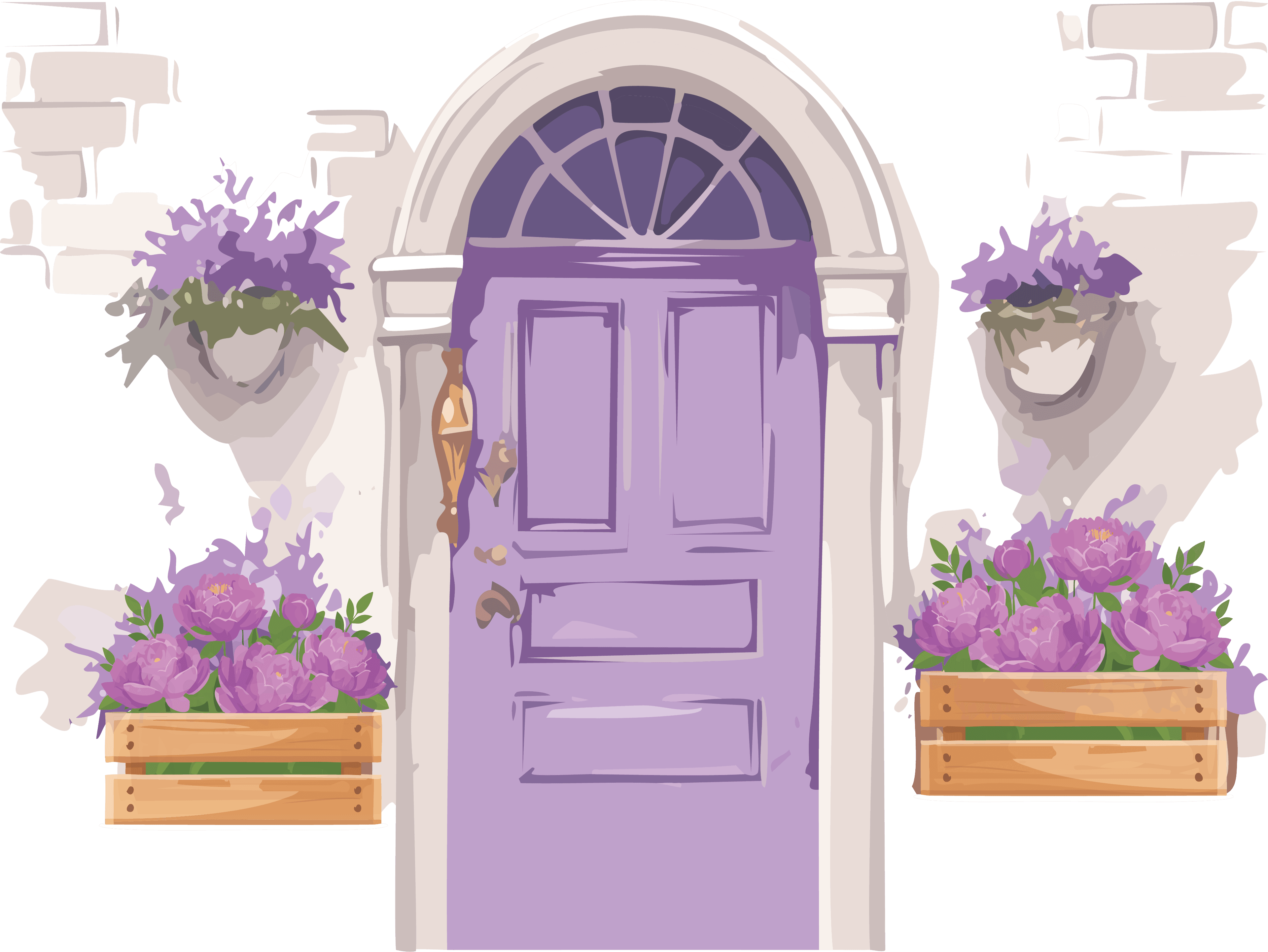 Arched lilac door with blossoming purple peonies in hanging pots and planter boxes