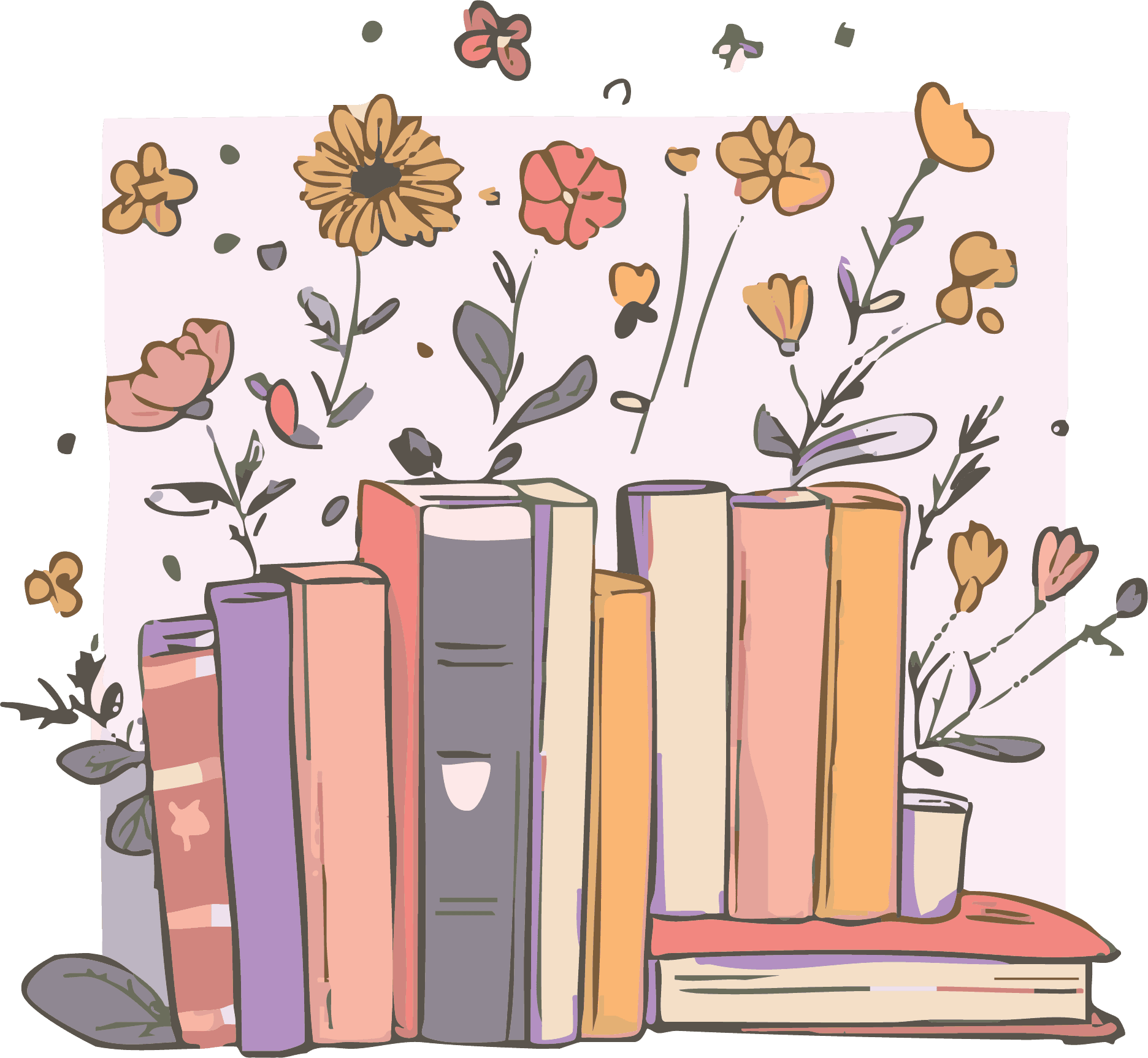 Vintage pastel book stack blooming with botanical wildflowers