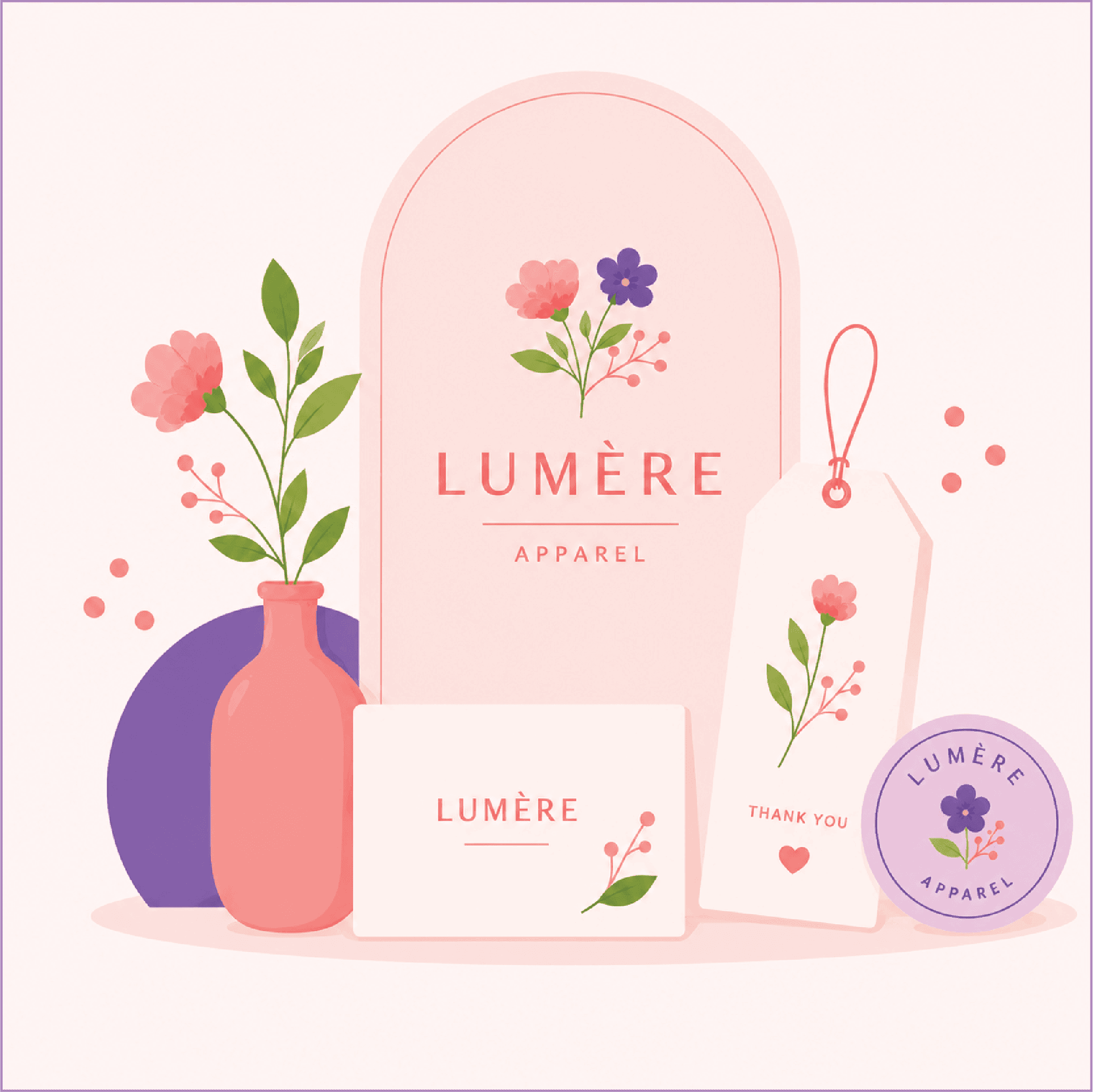 Branding stationery kit with logo, tags, business cards, and vase
