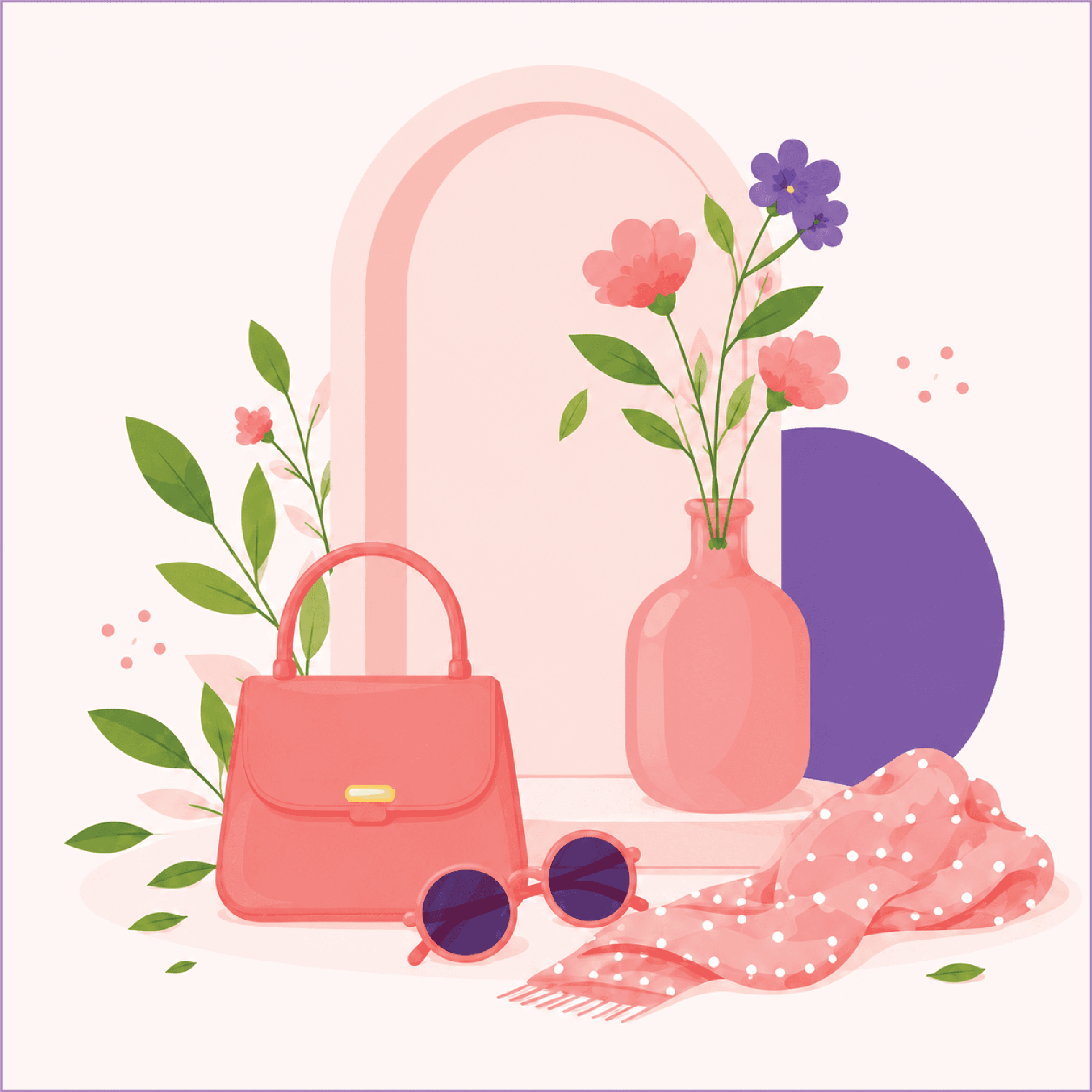 Home offerings artwork with vase, flowers, bag, and sunglasses