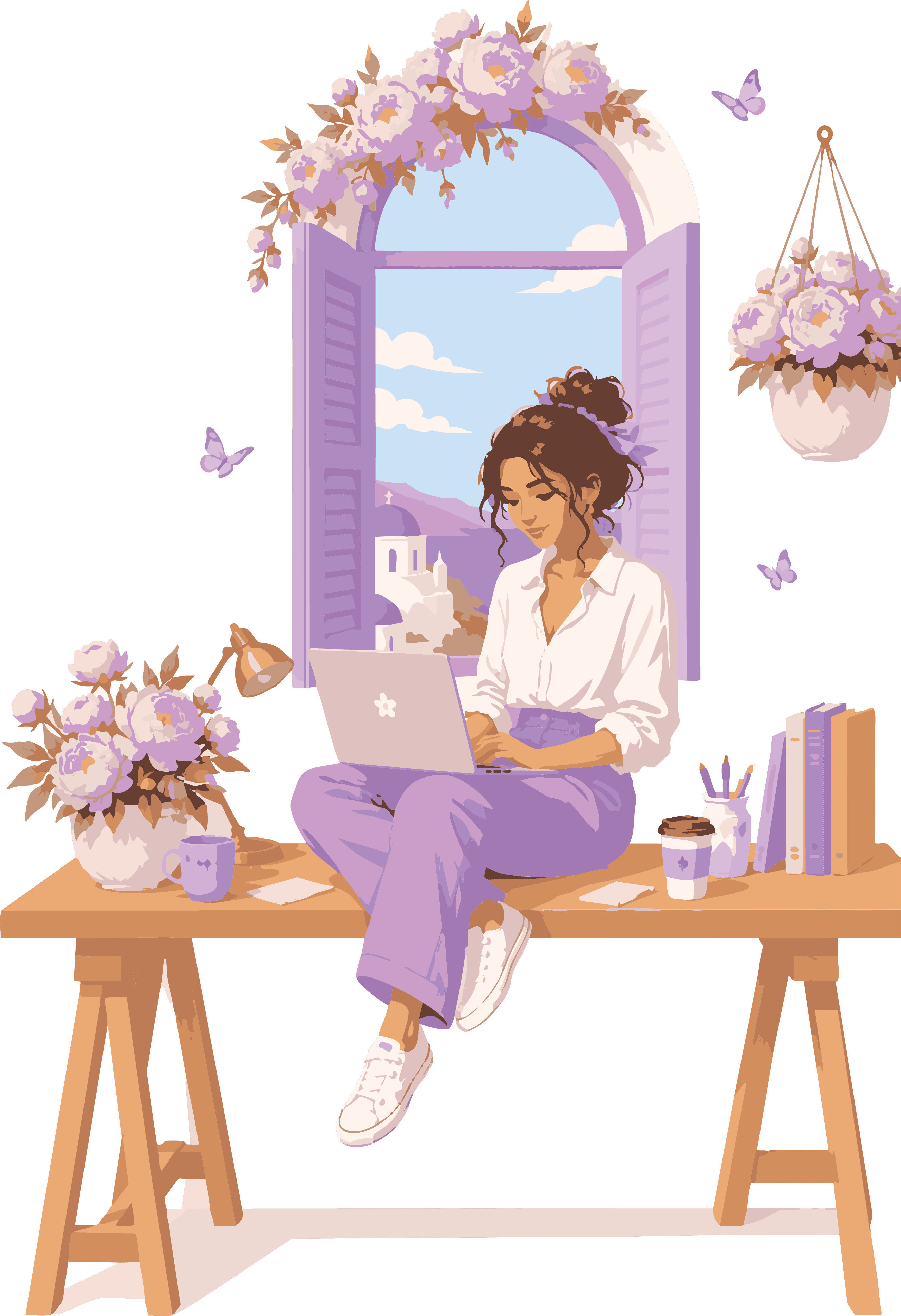 Creative girl illustration working on laptop by an arched lilac window with peonies